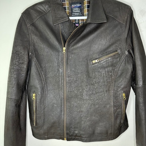Aviatrix Leather Jacket Mens 2XL Brown Asymmetrical Full Zip Moto Biker Distress - Picture 3 of 10